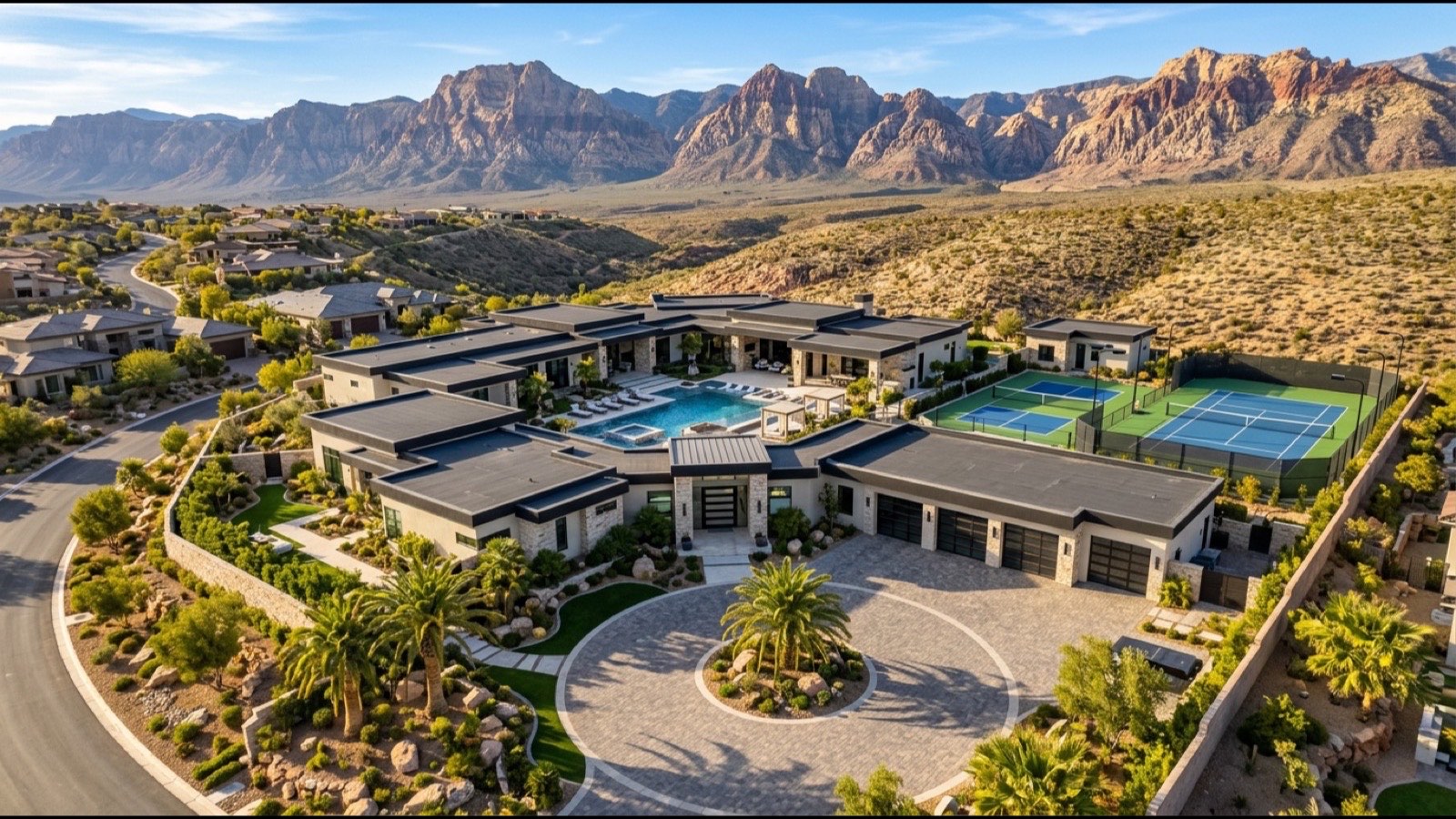 Scotch 80s original 1960s mid-century-modern ranch estate with circular driveway mature ficus and date palm canopy and flat composite roof at golden hour